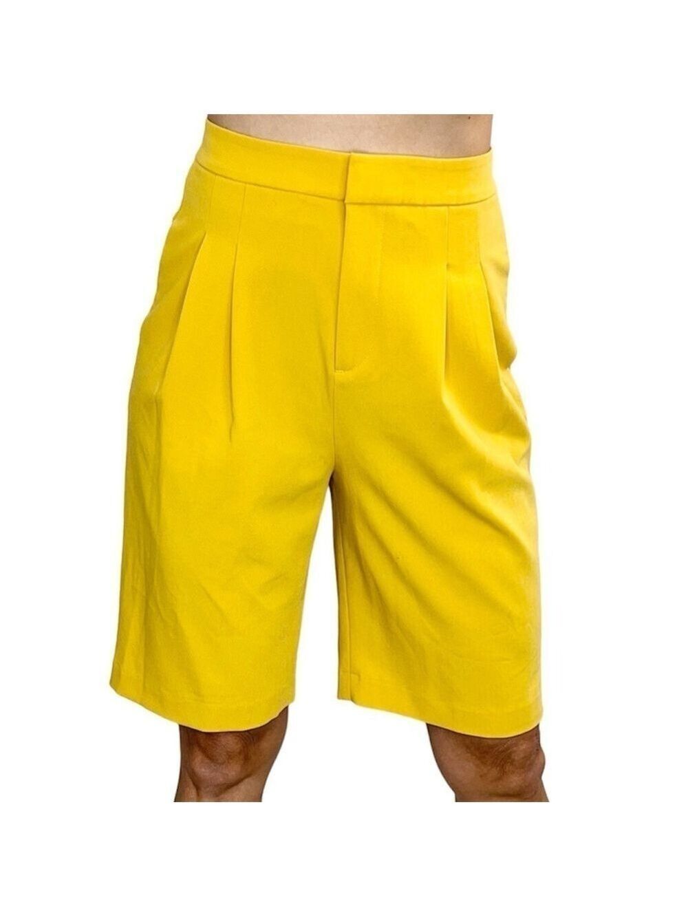 Old money Icone mustard yellow tailored pleated knee length Bermuda shorts 2